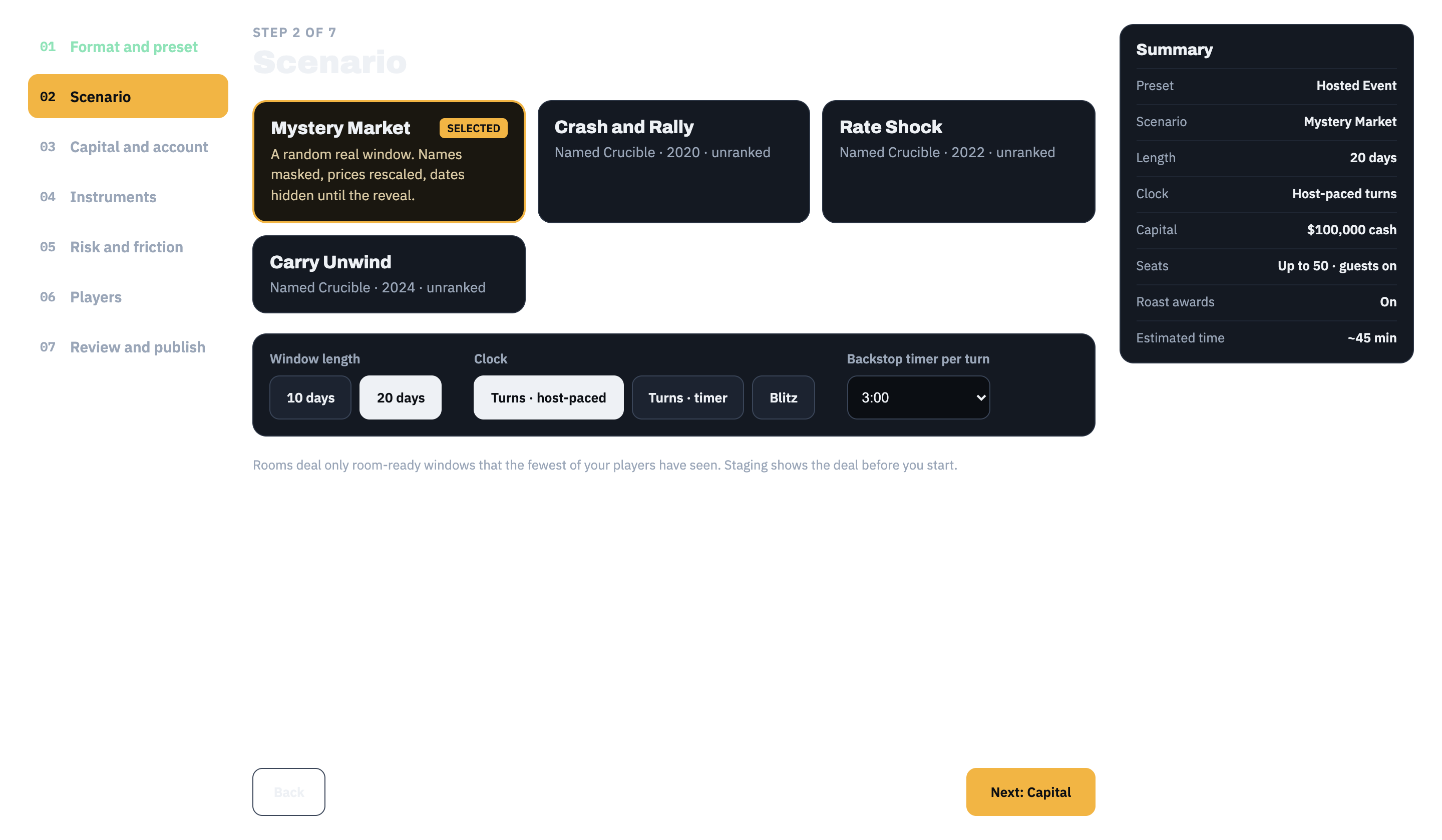 Design preview of the Achilles Desk host setup flow: step 2 of 7, Scenario — choosing between Mystery Market, Crash and Rally, Rate Shock, and Carry Unwind, with window length, clock, and backstop timer controls